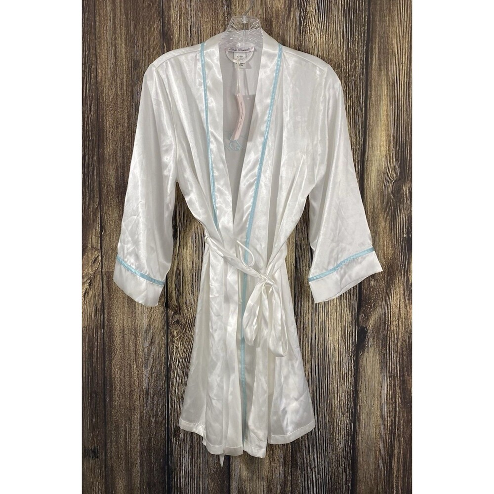 Linea Donatella Womens 'The Bride' Belted Satin Short Robe S/M White Blue Trim